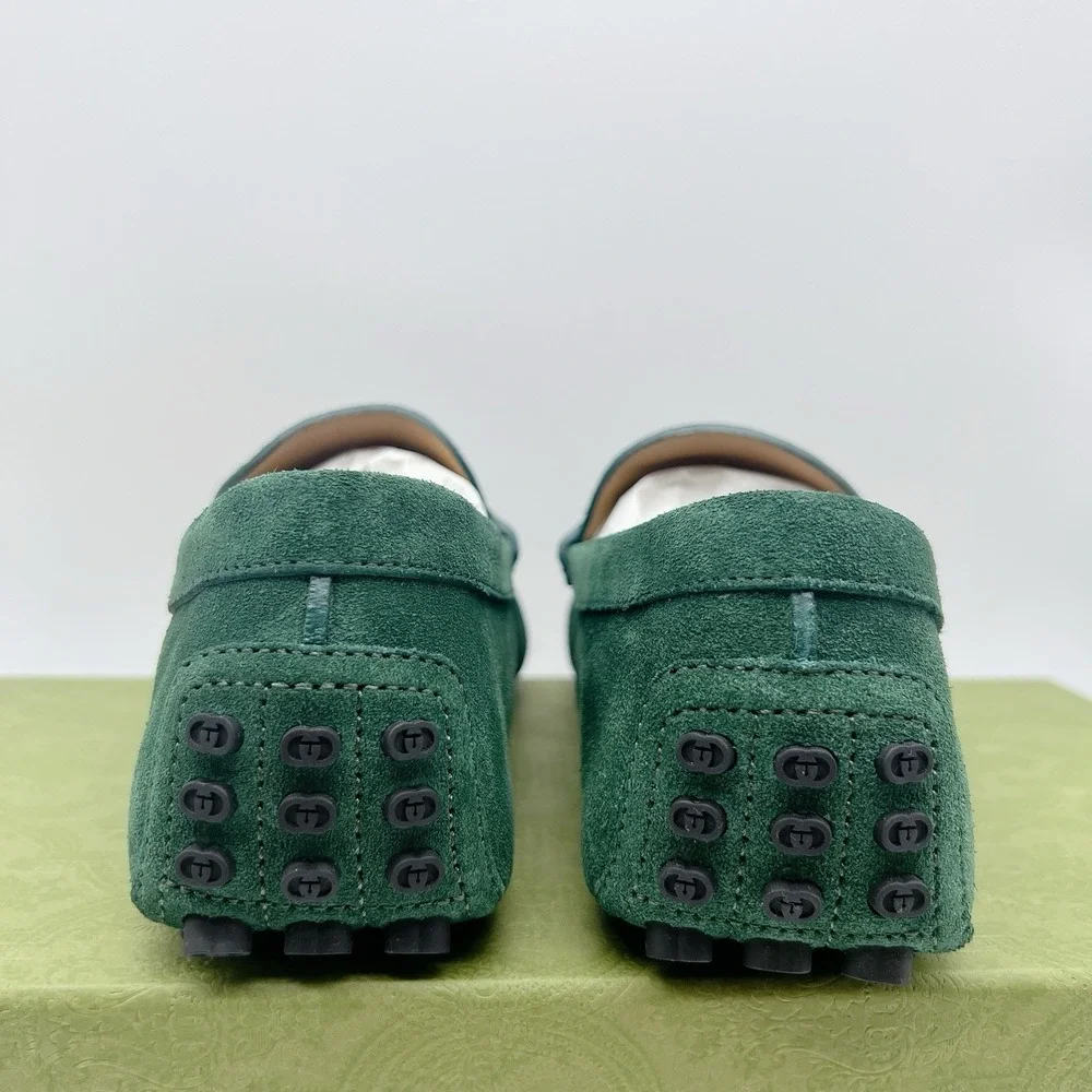 Gucci Driver Loafers Moccasin GG Horsebit Vintage Green Suede Womens UK 7 US 10